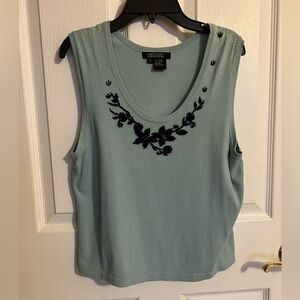 Karen Kane Black Beaded Floral Green Tank Top